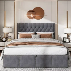 Generique Lit rembourré 160x200 cm,Cadre de lit avec Rangement,Lit Double ornementation de Rivets,Gris Outlet