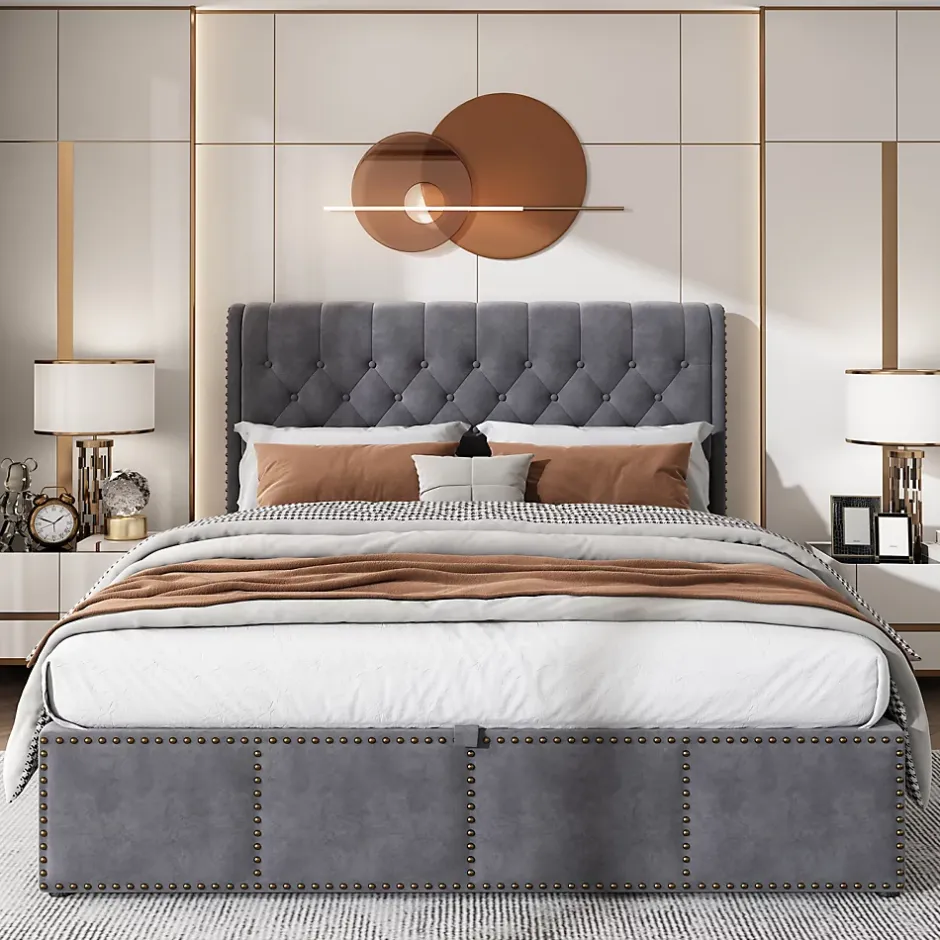 Generique Lit rembourré 160x200 cm,Cadre de lit avec Rangement,Lit Double ornementation de Rivets,Gris Outlet