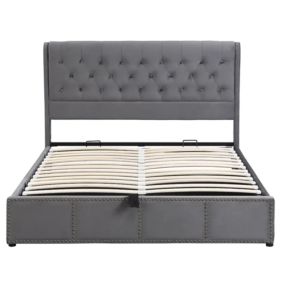 Generique Lit rembourré 160x200 cm,Cadre de lit avec Rangement,Lit Double ornementation de Rivets,Gris Outlet