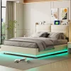 Simple Life Lit rembourré 140x200cm avec chargement sans fil (USB & Type-c), lit double avec LED, velours, beige