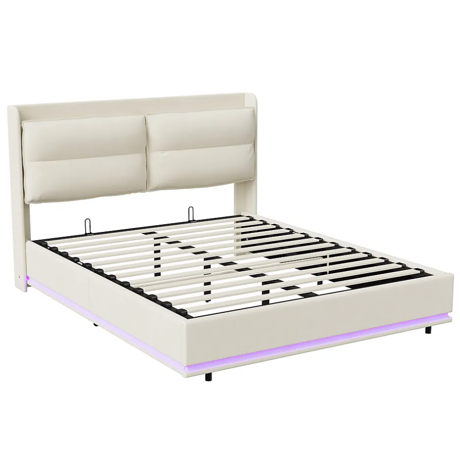Simple Life Lit rembourré 140x200cm avec chargement sans fil (USB & Type-c), lit double avec LED, velours, beige