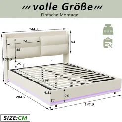 Simple Life Lit rembourré 140x200cm avec chargement sans fil (USB & Type-c), lit double avec LED, velours, beige
