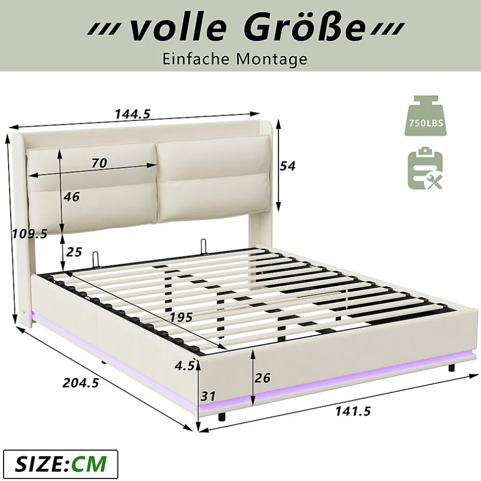 Simple Life Lit rembourré 140x200cm avec chargement sans fil (USB & Type-c), lit double avec LED, velours, beige