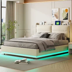 Simple Life Lit rembourré 160x200cm avec chargement sans fil (USB & Type-c), lit double avec LED, velours, beige