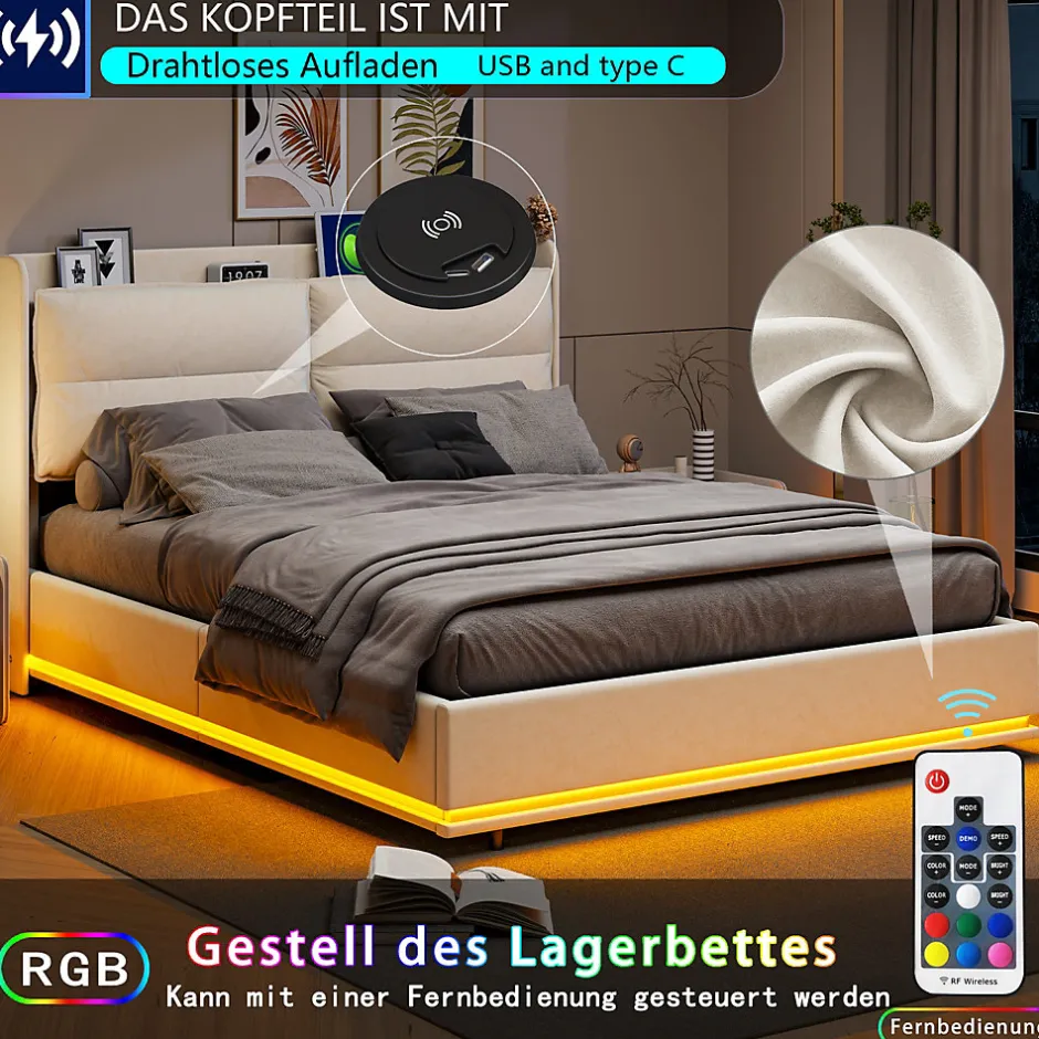 Simple Life Lit rembourré 160x200cm avec chargement sans fil (USB & Type-c), lit double avec LED, velours, beige