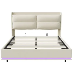 Simple Life Lit rembourré 160x200cm avec chargement sans fil (USB & Type-c), lit double avec LED, velours, beige