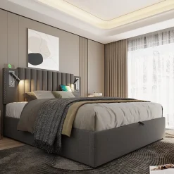 Gutent Lit rembourré 160x200cm, avec espace de rangement, lampe de lecture, design à rivets, sommier à lattes, coton, gris, sans matelas Online