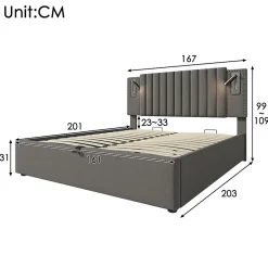 Gutent Lit rembourré 160x200cm, avec espace de rangement, lampe de lecture, design à rivets, sommier à lattes, coton, gris, sans matelas Online