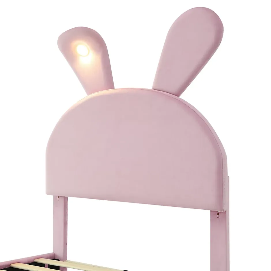 Simple Life Lit rembourré 90x200cm avec oreilles de lapin, LED chaude réglable, 2 poufs de rangement, velours rose New