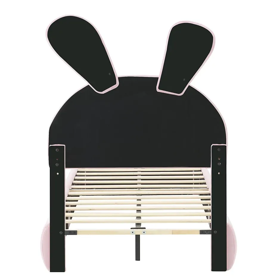 Simple Life Lit rembourré 90x200cm avec oreilles de lapin, LED chaude réglable, 2 poufs de rangement, velours rose New