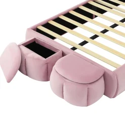 Simple Life Lit rembourré 90x200cm avec oreilles de lapin, LED chaude réglable, 2 poufs de rangement, velours rose New