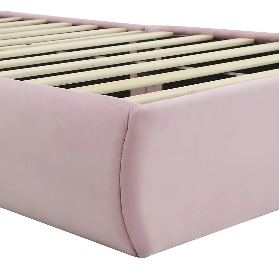 Simple Life Lit rembourré 90x200cm avec oreilles de lapin, LED chaude réglable, 2 poufs de rangement, velours rose New
