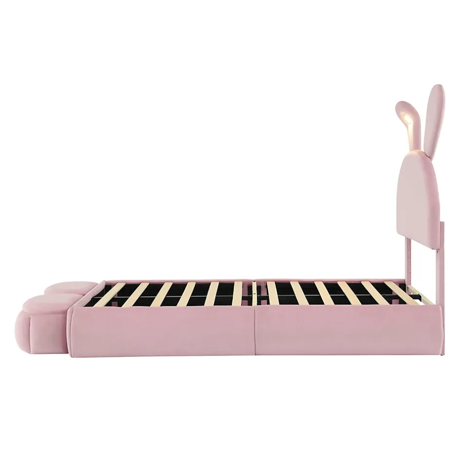 Simple Life Lit rembourré 90x200cm avec oreilles de lapin, LED chaude réglable, 2 poufs de rangement, velours rose New