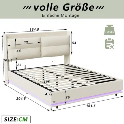 Simple Life Lit rembourré 160x200cm avec recharge sans fil (USB et Type-C), lit double avec LED, velours, beige Clearance