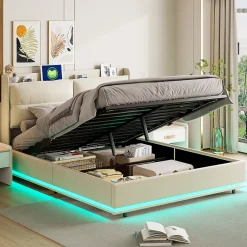 Simple Life Lit rembourré 160x200cm avec recharge sans fil (USB et Type-C), lit double avec LED, velours, beige Clearance