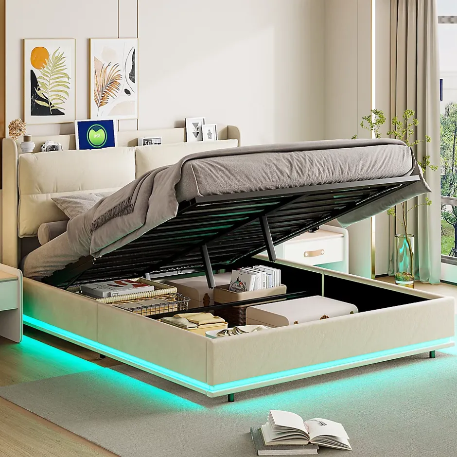 Simple Life Lit rembourré 160x200cm avec recharge sans fil (USB et Type-C), lit double avec LED, velours, beige Clearance