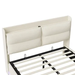 Simple Life Lit rembourré 160x200cm avec recharge sans fil (USB et Type-C), lit double avec LED, velours, beige Clearance