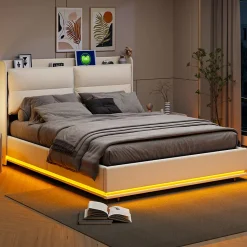 Simple Life Lit rembourré 160x200cm avec recharge sans fil (USB et Type-C), lit double avec LED, velours, beige Clearance