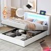 Gutent Lit rembourré 140x200cm avec sommier à lattes lit barre lumineuse à led lecteur bluetooth et recharge usb lit double cuir pu blanc