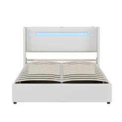 Gutent Lit rembourré 140x200cm avec sommier à lattes lit barre lumineuse à led lecteur bluetooth et recharge usb lit double cuir pu blanc