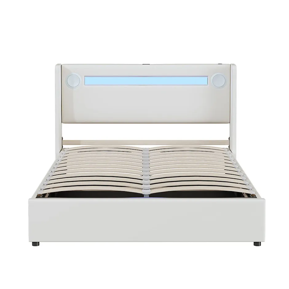 Gutent Lit rembourré 140x200cm avec sommier à lattes lit barre lumineuse à led lecteur bluetooth et recharge usb lit double cuir pu blanc