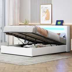 Gutent Lit rembourré 140x200cm avec sommier à lattes lit barre lumineuse à led lecteur bluetooth et recharge usb lit double cuir pu blanc