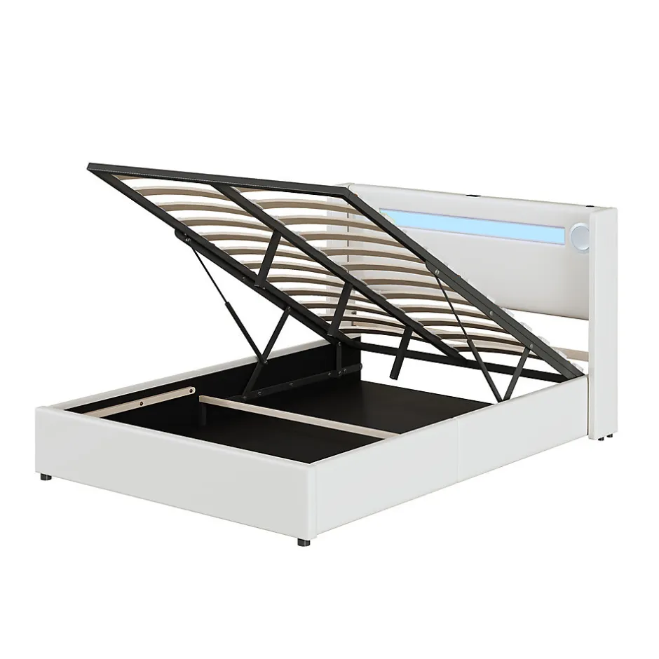 Gutent Lit rembourré 140x200cm avec sommier à lattes lit barre lumineuse à led lecteur bluetooth et recharge usb lit double cuir pu blanc