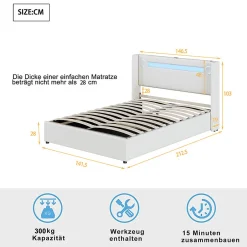 Gutent Lit rembourré 140x200cm avec sommier à lattes lit barre lumineuse à led lecteur bluetooth et recharge usb lit double cuir pu blanc