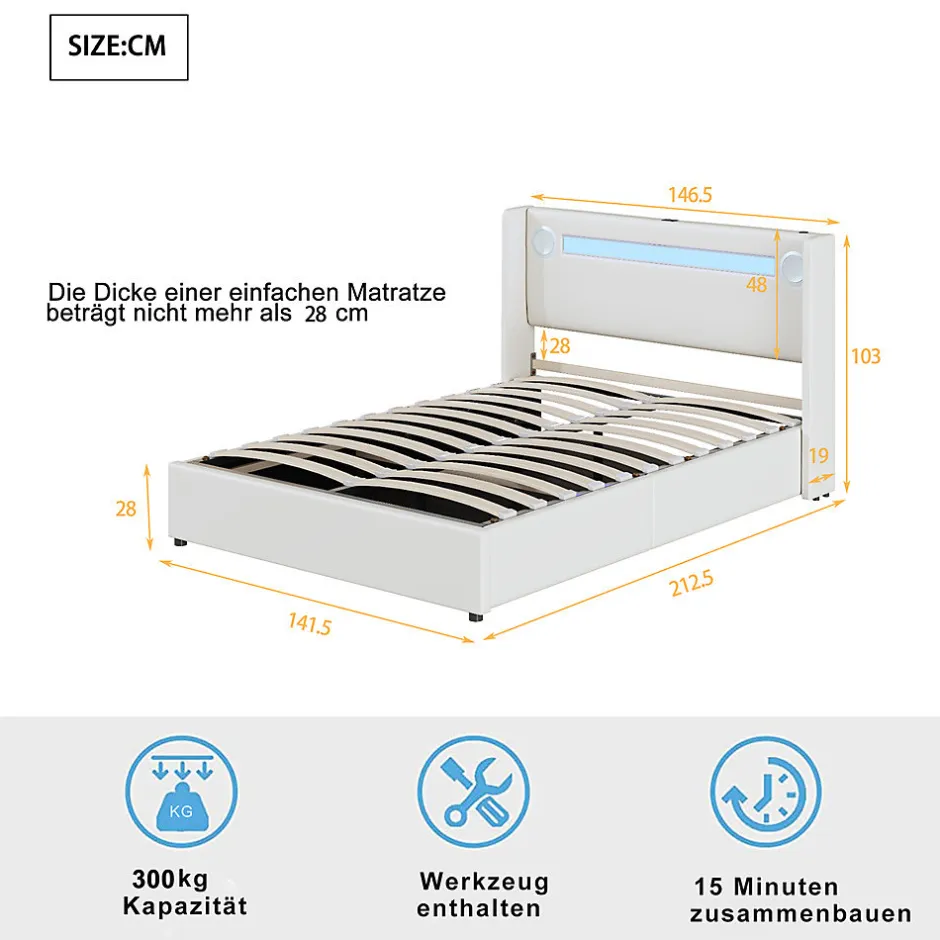 Gutent Lit rembourré 140x200cm avec sommier à lattes lit barre lumineuse à led lecteur bluetooth et recharge usb lit double cuir pu blanc