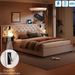 Simple Life Lit Rembourré 140x200cm avec USB et lampe de lecture, lit double avec rangement, velours, beige Hot
