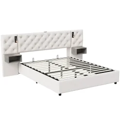 Simple Life Lit Rembourré 140x200cm avec USB et lampe de lecture, lit double avec rangement, velours, beige Hot