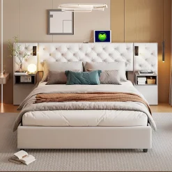 Simple Life Lit Rembourré 140x200cm avec USB et lampe de lecture, lit double avec rangement, velours, beige Hot