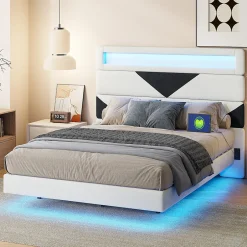 Simple Life Lit Rembourré 160x200cm avec USB & LED,lit coffre avec tête de lit triangulaire,velours,blanc & noir