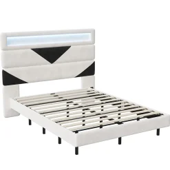 Simple Life Lit Rembourré 160x200cm avec USB & LED,lit coffre avec tête de lit triangulaire,velours,blanc & noir