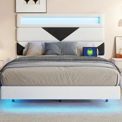 Simple Life Lit Rembourré 160x200cm avec USB & LED,lit coffre avec tête de lit triangulaire,velours,blanc & noir