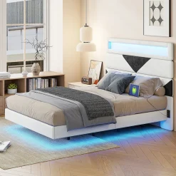 Simple Life Lit Rembourré 160x200cm avec USB & LED,lit coffre avec tête de lit triangulaire,velours,blanc & noir