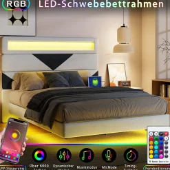 Simple Life Lit Rembourré 160x200cm avec USB & LED,lit coffre avec tête de lit triangulaire,velours,blanc & noir