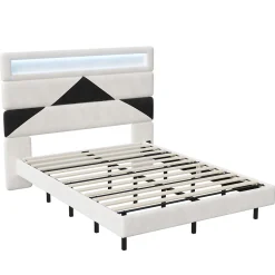 Simple Life Lit rembourré 160x200cm avec USB et LED, lit coffre avec tête de lit triangulaire, velours, blanc et noir