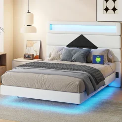 Simple Life Lit rembourré 140x190cm avec USB, lit double avec LED,lit coffre avec tête de lit en diamant,velours