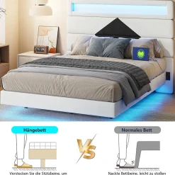 Simple Life Lit rembourré 140x190cm avec USB, lit double avec LED,lit coffre avec tête de lit en diamant,velours