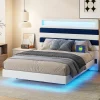 Simple Life Lit Rembourré 140x190cm avec USB, lit d'adolescent, lit double avec LED, velours, blanc et bleu