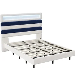 Simple Life Lit Rembourré 140x190cm avec USB, lit d'adolescent, lit double avec LED, velours, blanc et bleu