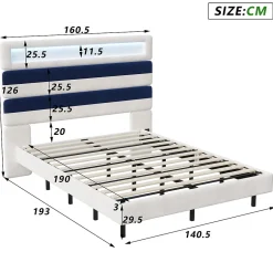 Simple Life Lit Rembourré 140x190cm avec USB, lit d'adolescent, lit double avec LED, velours, blanc et bleu