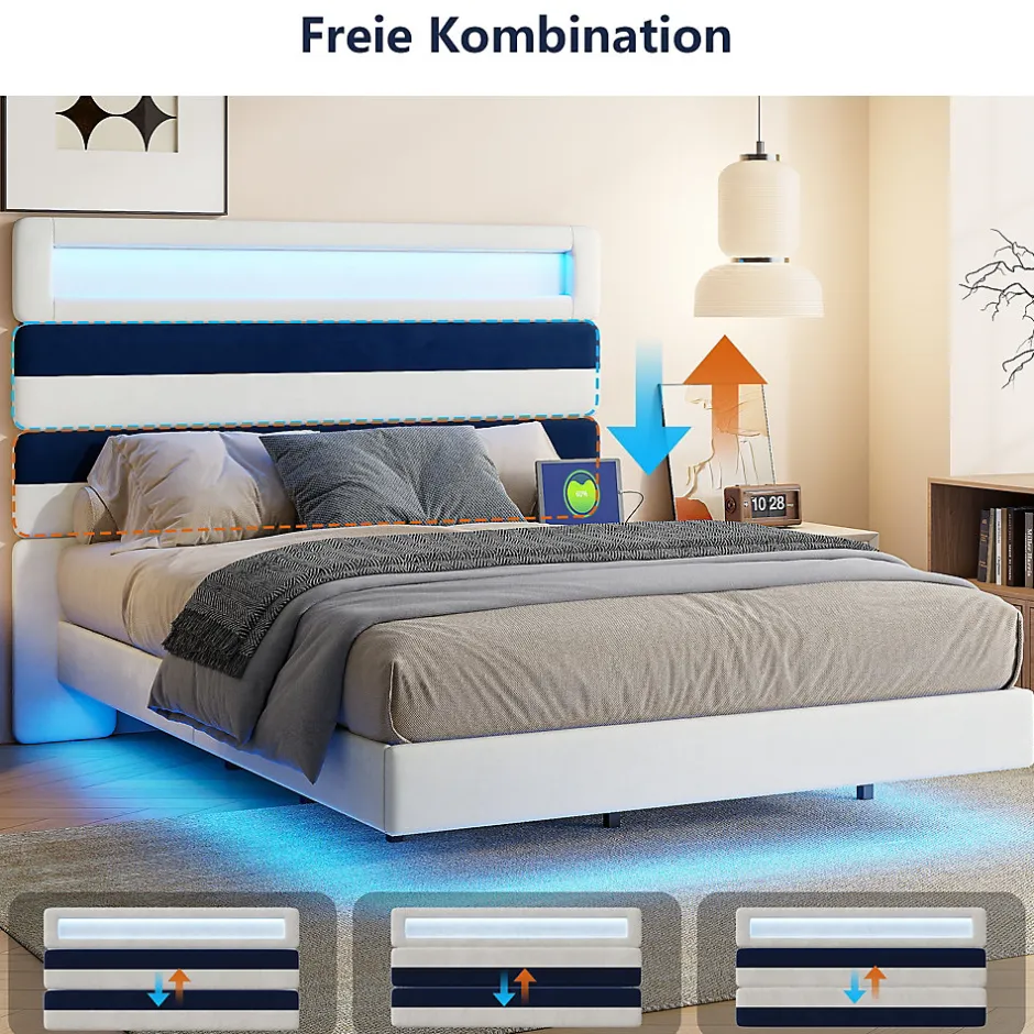 Simple Life Lit Rembourré 140x190cm avec USB, lit d'adolescent, lit double avec LED, velours, blanc et bleu