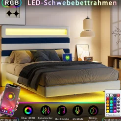 Simple Life Lit Rembourré 140x190cm avec USB, lit d'adolescent, lit double avec LED, velours, blanc et bleu