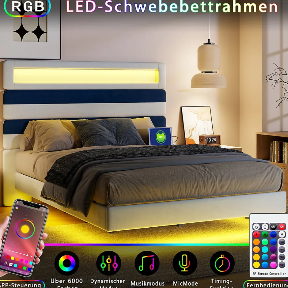 Simple Life Lit Rembourré 140x190cm avec USB, lit d'adolescent, lit double avec LED, velours, blanc et bleu