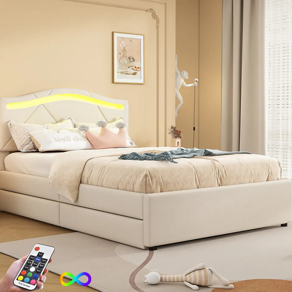 Simple Life Lit rembourré 90x200cm beige avec télécommande LED, tête réglable et 2 tiroirs, style minimaliste