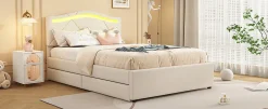 Simple Life Lit rembourré 90x200cm beige avec télécommande LED, tête réglable et 2 tiroirs, style minimaliste