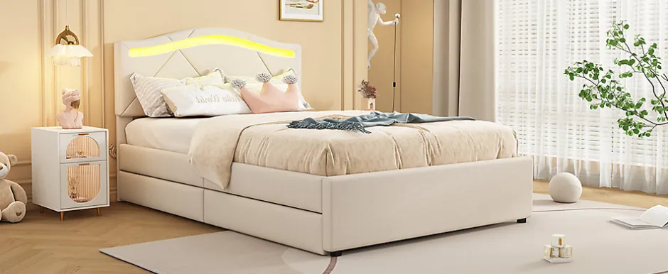 Simple Life Lit rembourré 90x200cm beige avec télécommande LED, tête réglable et 2 tiroirs, style minimaliste