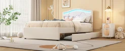 Simple Life Lit rembourré 90x200cm beige avec télécommande LED, tête réglable et 2 tiroirs, style minimaliste